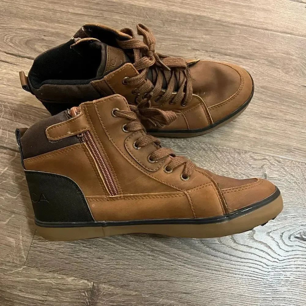 Nautica Murray Boys Dark Tan Brown Side Zip Lace Up Ankle Boots Size 5 Used
